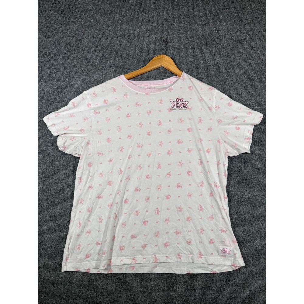 VS PINK x LoveShackFancy T-Shirt Womens XL White Pink Floral Heart Logo Romantic